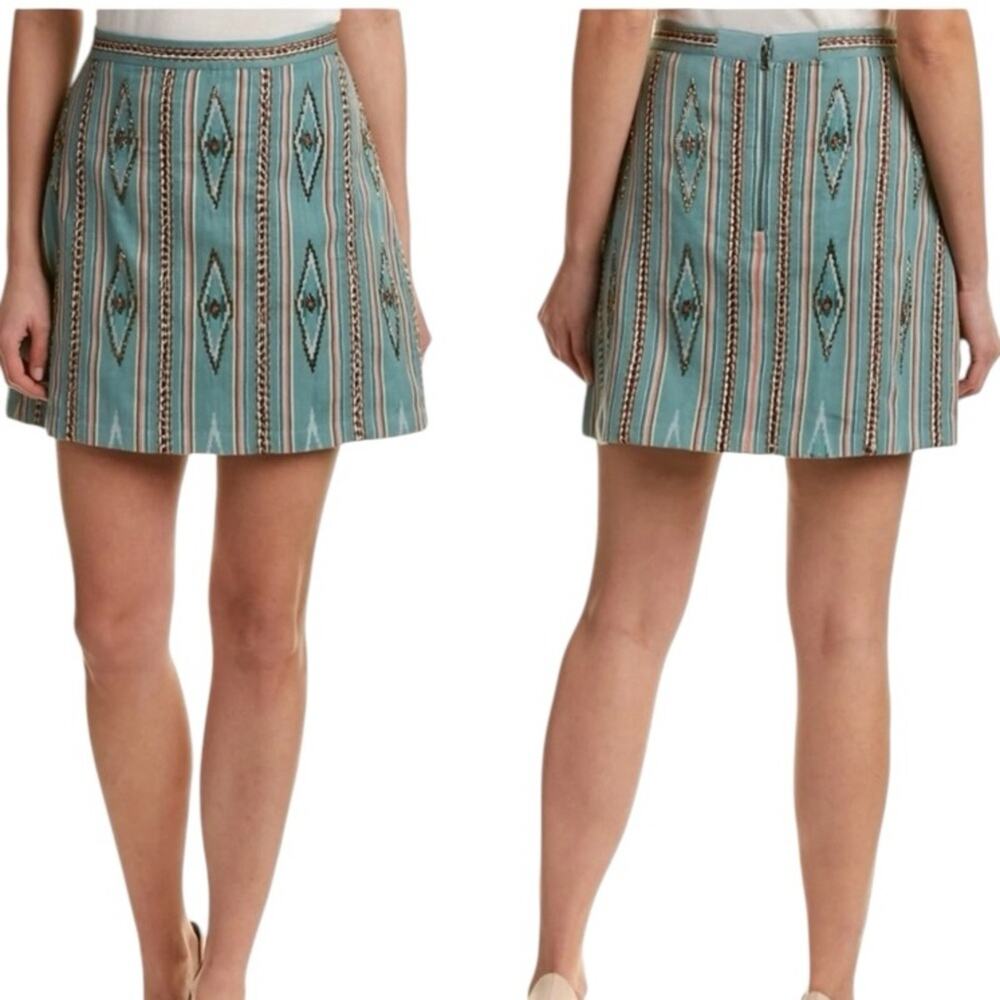Alice + Olivia Riley Navajo Aztec Beaded Embroidery Sage Green Mini Skirt size 8